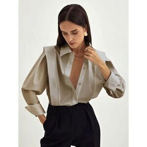 Commense Fair Square Khaki Button Down Shirt Puff Sleeve Blouse‎ Top S